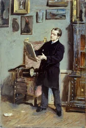 Autoportrét Giovanniho Boldiniho při pohledu na obraz, asi 1865, autor Giovanni Boldini (1842-1931), olej na plátně, 32x22,5 cm.