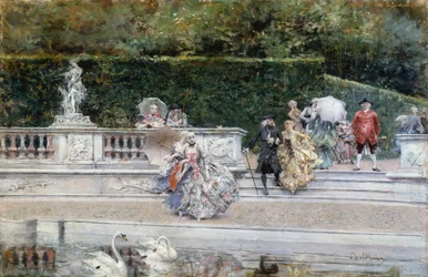 Pohled na zahradu ve Versailles s lidmi v oděvech z 18. století