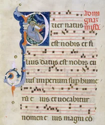 Ms 561 Page s historickou iniciálou „P“ zobrazující Narození Páně, z graduálu z kláštera San Jacopo di Ripoli, počátek 14. století (podrobnosti viz 78849)