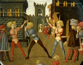 hra zvaná civettino, detail z přední strany porodního tácu (kulatý obraz), cca 1450, od Giovanniho di Ser Giovanni, známého jako Lo Scheggia (1406-1486), tempera na dřevě