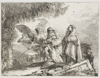 Marie a Josef, držící dítě, jsou doprovázeni andělem, deska dvanáct z Útěk do Egypta