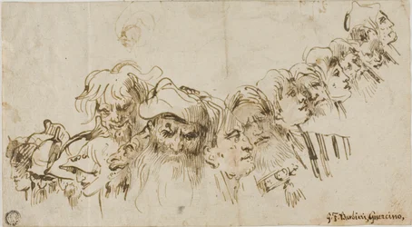 Náčrtky mužských hlav (recto); královna a strana (verso)