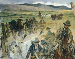 Značkování mladých býků v Maremmě, kolem roku 1887, Giovanni Fattori (1825-1908), 86x172 cm, Detail