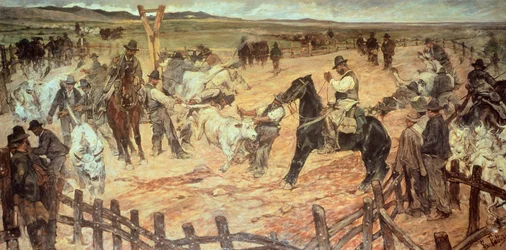 Značení mladých býků v Maremmě od Giovanniho Fattoriho (1825-1908), olej na plátně, 885 cm x 175