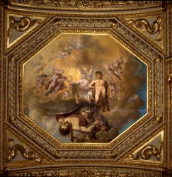 Persee zabíjí Meduse. Obraz od Giovanniho Romanelliho (1601-1662) zdobící strop Antonínského sálu, ložnice letních bytů královny Anny Rakouské (1601-1666). Kolem 1655-1658. Paříž, muzeum Louvre.