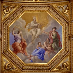 Náboženství a teologické ctnosti (víra, láska, esperance). Obraz od Giovanniho Romanelliho (1601-1662) zdobící strop Antonínského sálu, ložnice letních bytů královny Anny Rakouské (1601-1666). Kolem 1655-1658. Paříž, Louvre Mus