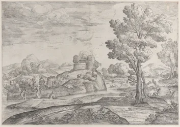 Dům na vrcholu kulaté skály uprostřed, lidé v řece a na kánoích, 1626-80.