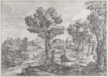 Krajina s mužem držícím hada vyděšenému dítěti, sledovaná módním d..., 1626-80.
