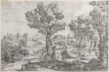 Krajina s mužem držícím hada vyděšenému dítěti, sledovaná módním d..., 1626-80.