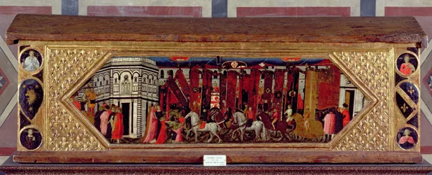 Cassone zdobený výjevem Palio of S. Giovanni (tempera na panelu)
