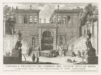 Farnesische Tuinen te Rome Fontána a vyvýšení zahrady vévody z Parmy (...) (název na objektu) Fontány v palácích a zahradách Říma (název série) Fonteinen in de paleizen en tuinen van Rome (název série)
