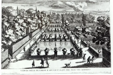 Rybníky ve Villa dEste, Tivoli, z Le Fontane od Giovanniho Battisty Faldy (c.1648-1787), publikoval 1689