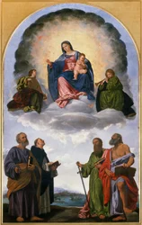 Madona ve slávě s Ježíškem, Dva andělé hudebníci, sv. Petr, sv. Dominik, sv. Pavel a sv. Jeroným (oltář v Pesaru)
