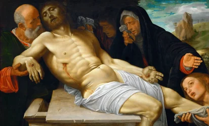 Renesance: Oplakávání Krista par Savoldo, Giovanni Girolamo (1480/85-1548), asi 1515-1520. Olej na dřevě, 72,5x118,5. Uměleckohistorické muzeum, Vienne