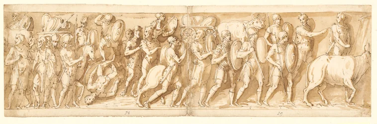 Římané na pochodu (XXXVI); Marcus Aurelius, Pompeius a doprovod sledují pochod (XXXVII); zastavení pochodu (XXXVIII)