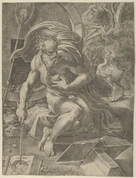 Diogenes seděl s barelem za ním a četl knihu, zatímco držel hůl..., ca. 1526-27.