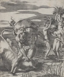 Herkules porazil říčního boha Achelouse v podobě býka, se třemi ženami t..., ca. 1526-27.