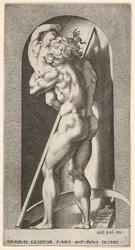 Deska 1: Saturn ve výklenku požírající svého syna, stojící před kosou, ze série m..., 1526.