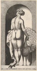 Tabule 4: Juno stojící ve výklenku, viděná zezadu, hladící páva po své pravici, fr..., 1526.