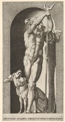 Deska 7: Pluto ve výklenku, držící bident, s Cerberem vedle něj, ze série m..., 1526.