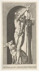 Deska 7: Pluto ve výklenku, držící bident, s Cerberem vedle něj, ze série m..., 1526.