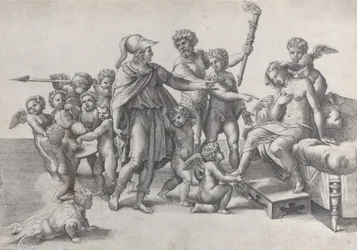 Sňatek Alexandra a Roxany, Alexandr obklopený putti, nabízející korunu t..., 1520-39.