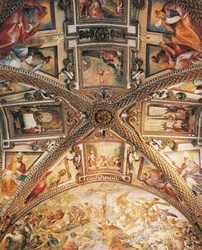 Detail klenby presbytáře zobrazující Ukřižování od Giovanniho Lanfranca (1582-1647) a výjevy ze Starého a Nového zákona od Giovanniho Bernardina Azzolina (1572-1645), Certosa ze San Martina, Neapol, Kampánie, Itálie