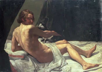 Mladý muž ležící na posteli s kočkou, 1620