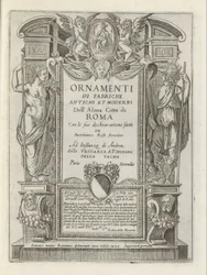 Titulní tisk s alegorickými postavami a putti Moderní a starověké památky a budovy v Římě (název série) Ornamenti di fabriche antichi et moderni dell