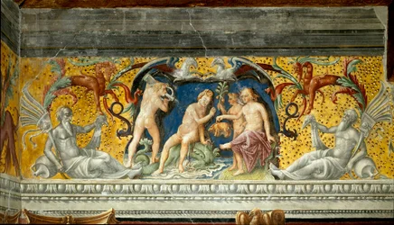 Mořskému božstvu je nabízen malý kanec Detail vlysu připisovaného Giovanni Marii Falconettovi (1468-1534) 1520 kolem Mantovy, Palazzo d