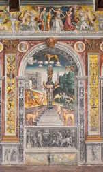 Astrologické znamení Lva s Dianou, dvěma jeleny a satyrem jako na sarkofágu v Bleinhaimském paláci; v pozadí Arco degli Argentari v Římě a Herkules bojující proti nemejskému lvu, Komnata zvěrokruhu (Camera dello Zodiaco)