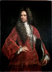 Portrét gentlemana v červeném kostýmu Obraz Giovanni Maria Delle Piane dit il Mulinaretto (1660-1745) Rozměr 132x97 cm Genes Musei di Strada Nuova (ex Palazzo Bianco)