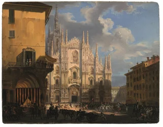 Pohled na Piazza Duomo s krytým dei Figini a Isolate del Rebecchino, Milán (olej na panelu)