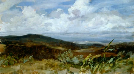 Krajina od Giovanniho Muzzioliho (1854-1894), olej na plátně, 39x68 cm