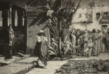 Magdalene, žena s turbanem a průvodem v blízkovýchodní vesnici, rytina bratří Cantagalli z obrazu Giovanniho Muzzioliho (1854-1894), Modena, Itálie z L