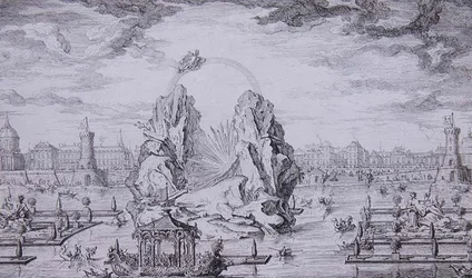Ohňostroj na oslavu narození dauphina (syna Ludvíka XV.) vyrytý Jeanem Dumontem (Le Romain) (1701-81) 1730 (lept)