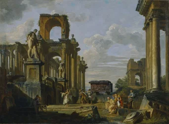 Architektonické capriccio římského fóra s filozofy a vojáky mezi antickými ruinami