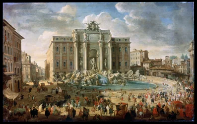 Fontána di Trevi v Římě. Papež Benedikt XIV. navštěvuje fontánu di Trevi v Římě, 18. století