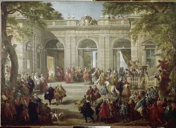 Karel III. Španělský neboli Karel Bourbonský, král neapolský (Carlo Borbone) (1716-1788), navštěvuje papeže Benedikta XIV. v kavárně Kvirinálského paláce (Kvirinál). Malba (1691-1765), 1746. Neapol, Museo Nazionale di Capodimonte