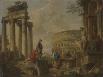 Koloseum mezi římskými ruinami, kolem roku 1730