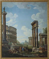 Capriccio s postavami v římských ruinách, včetně Konstantinova oblouku a Pantheonu, Kolosea a Trajánova sloupu (Trajanův sloup nebo Colonna Traiana) - obraz Giovanni Paolo Panini (Pannini) (1691-1765), olej na plátně, 210,8 x1