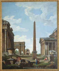 Capriccio s římskými ruinami a výjev ze života Belisaire - Obraz Giovanni Paolo Panini (Pannini) (1691-1765), olej na plátně, 210,8x173 cm - (Capriccio s římskými ruinami a scéna ze Života Belisaria , Olej na plátně Gio