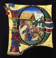 Velká historická iniciála „P“, zobrazující Betlém, kolem roku 1490