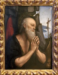 Kajícník svatého Jeronýma. Obraz Giovanni Pedrini nebo Giovan Pietro Rizzi nebo Gian Pietro Rizzoli známý jako Giampietrino (aktivní 1495 až 1549), olej na dřevě, italské umění, z doprovodu Leonarda de Vinci (1452-1519), renesance. Muzeum výtvarných umění 