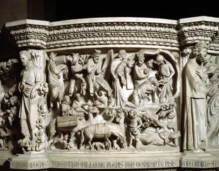 Detail reliéfů Židle realizovaný Giovanni Pisano (1248-1314): plavba a klanění tří králů (Detail reliéfů mramorové kazatelny, cestování a klanění mágů) 1302-1311 Cathedrale of Pisa (Duomo di Pisa), Itálie