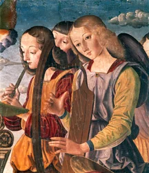 Andělé s nástroji, detail ze Svatého rozhovoru s Madonou a dítětem trůnícím s dárcem a svatými