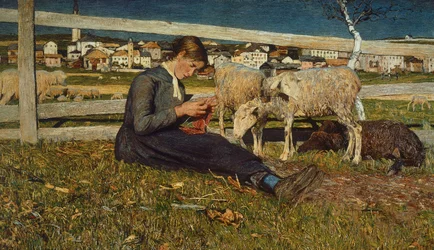 Dívka vyrábějící ponožky od Giovanniho Segantiniho (1858-1899), olej na plátně, 54x88 cm