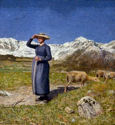 Poledne v Alpách Bergere chránící oči před sluncem. Obraz Giovanni Segantini (1858-1899) 1891 Sun. 7,5x71,57 cm Kolekce O. Fischebacher
