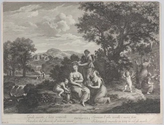 Primavera, skupina žen, které sbírají květiny a vyrábějí z nich koruny, ca. 1764.