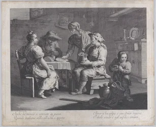 Tři lidé sedící kolem stolu vlevo, zatímco muž přináší prázdný talíř..., 1760-70.